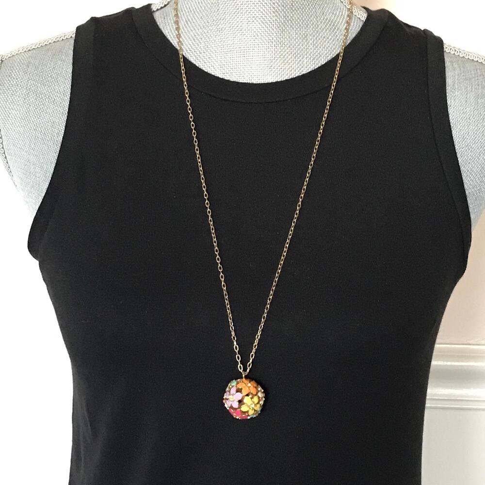 J. Crew Long Flower Necklace -Multi-Color Enamel Pendant- Rhinestone Accents